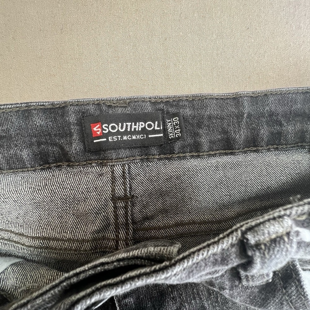 Southpole Mens Skinny Moto Jeans Faded Black Distressed Biker Denim 34x30 - Picture 8 of 10